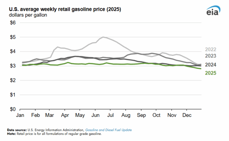 US Gasoline Prices Fall Steeply in 2025
